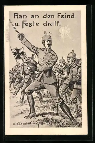 Künstler-AK Ad. Hoffmann: Ran an den Feind und feste druff, Soldaten stürmen ins Gefecht, Propaganda 1. Weltkrieg