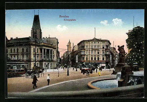 AK Breslau, Strassenbahnen und Passanten auf dem Königsplatz