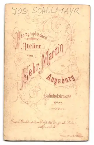 Fotografie Gebr. Martin, Augsburg, Bahnhofstr. 22, Josef Schulmayr im Anzug mit Schnauzbart