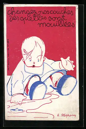 Künstler-AK sign. H. Stéphany: Kind spielt in Pfütze, Kinderfürsorge