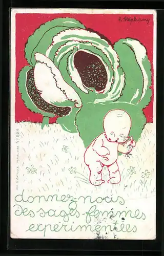 Künstler-AK sign. H. Stéphany: Kleinkind auf Blumenwiese, Kinderfürsorge