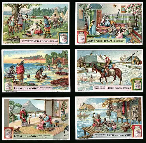 6 Sammelbilder Liebig, Serie Nr. 1211: Mutter und Kind, Japan, Klein-Russland, bei den Maoris