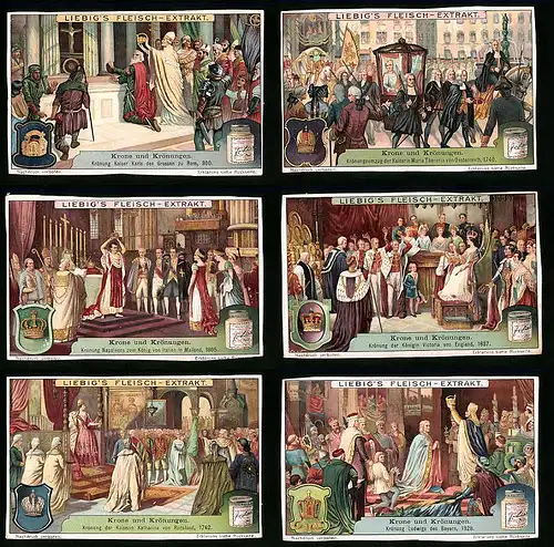 6 Sammelbilder Liebig, Serie Nr. 1071: Krone und Krönungen, Kaiserin Katharina von Russland, Krönung Napoleons