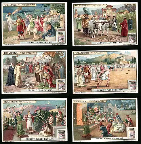 6 Sammelbilder Liebig, Serie Nr. 928: Feste im Altertum, Alt-Chinesisches Frühlingsfest, Laubhüttenfest der Hebräer
