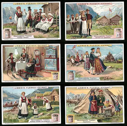 6 Sammelbilder Liebig, Serie Nr.: 1040, AltnorwegischeTrachten, Lappland, Hardanger, Springdans, Sätersdal, Vossewangen