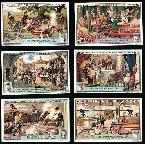 6 Sammelbilder Liebig, Serie Nr.: 1067, Zur Geschichte des Bieres, Sudhaus, Biergelage, Hofbräuhaus, Aegir