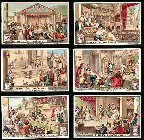 6 Sammelbilder Liebig, Serie Nr.: 842, Das Theater einst und jetzt, Shakespeare, Ludwig XIV, Griechen, Passionsspiele