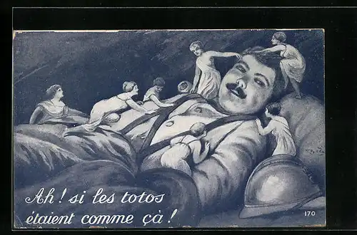 Künstler-AK Franz. Soldat mit kleinen Frauen