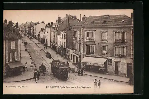 AK Le Coteau, Rue Nationale, Strassenpartie mit Strassenbahn