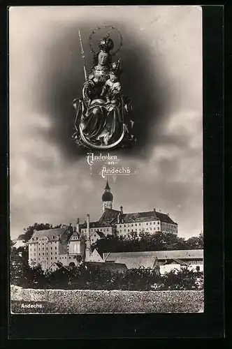 AK Andechs, Kloster mit Marienfigur