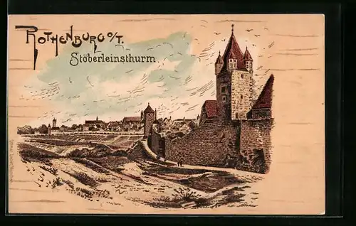 Künstler-AK Rothenburg, Ortspartie mit dem Stöberleinsturm