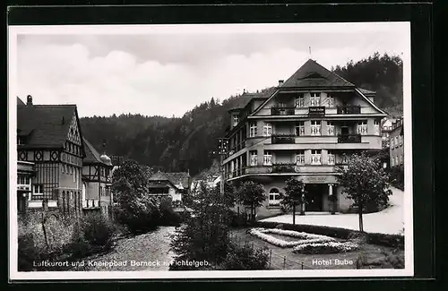 AK Berneck /Fichtelgebirge, Hotel Bube mit Flusspartie