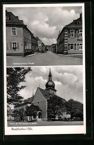 AK Marktleuthen /Obfr., Strassenpartie mit Kirche und Markt, Kirchenlamitzer Strasse