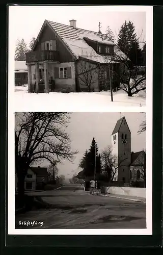 AK Gräfelfing, Strassenpartie mit Kirche und schneebedecktes Huas