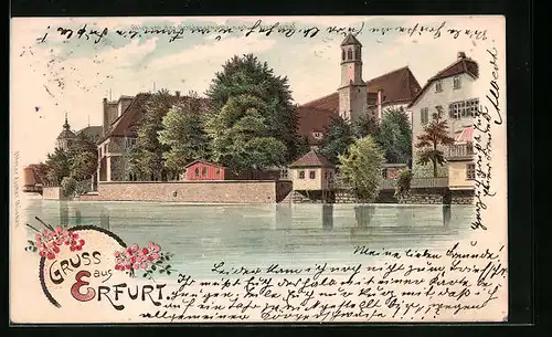 Lithographie Erfurt, Blick von der Schlössermühle nach d. Predigerhof