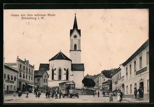 AK Schönberg i. W., Ortspartie mit Kirche und Omnibus