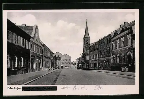 AK Osterhofen, Strasse mit Kirchturm