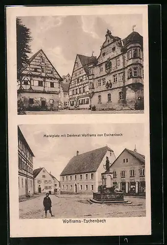 AK Wolframs-Eschenbach, Marktplatz mit Denkmal Wolframs von Eschenbach, Ortspartie