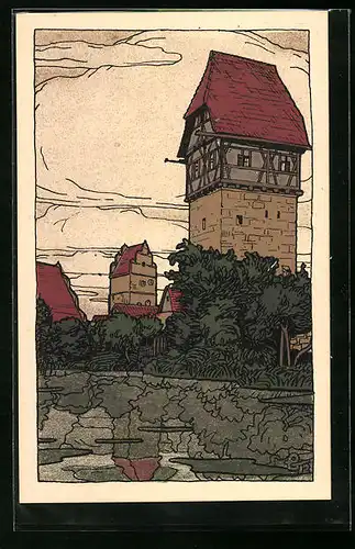 Steindruck-AK Dinkelsbühl, Bäuerlins-Turm am Mühlgraben