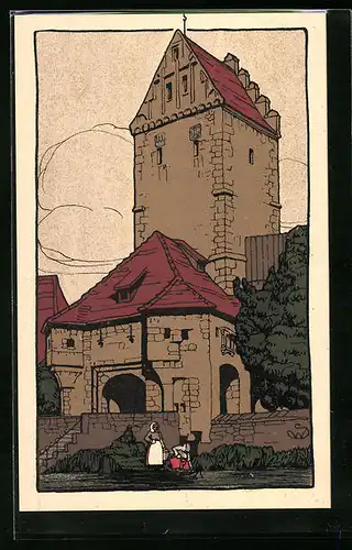 Steindruck-AK Dinkelsbühl, Rothenburger-Tor