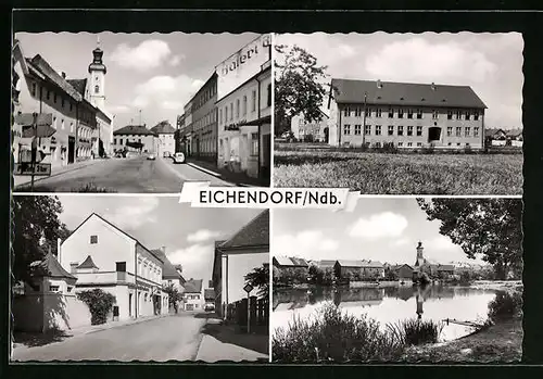 AK Eichendorf /Ndb., Strassenpartie mit Kirche, Ortsansicht hinter Wasser