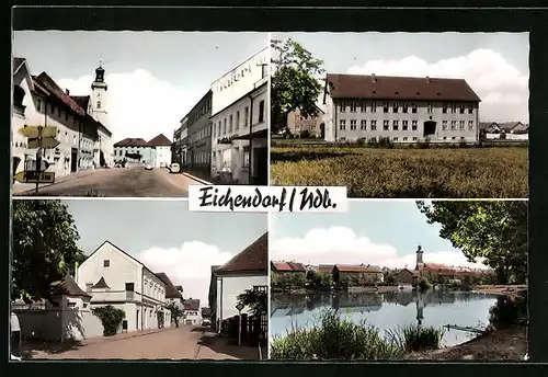 AK Eichendorf /Ndb., Strassenpartie mit Kirche, Ortsansicht hinter Wasser