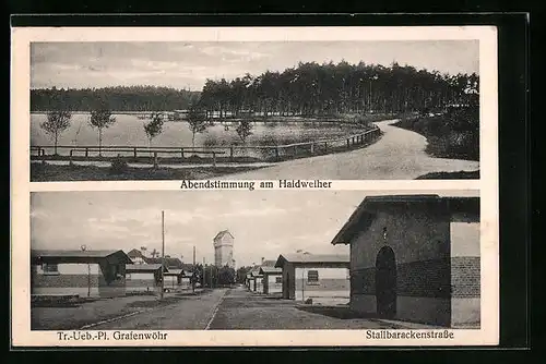 AK Grafenwöhr, Abendstimmung am Haidweiher, Stallbarackenstrasse auf dem Truppenübungsplatz