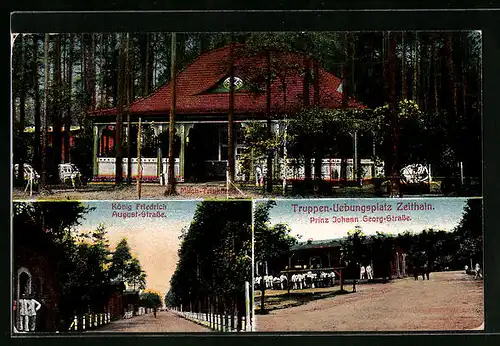 AK Zeithain, Milch-Trinkhalle, Truppenübungsplatz und König Friedrich August-Strasse