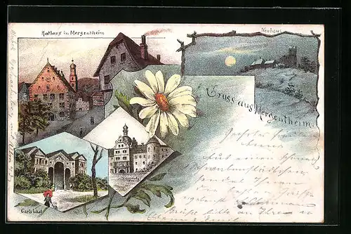 Mondschein-Lithographie Mergentheim, Rathaus, Schlossportal, Carlsbad, Neuhaus