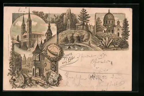 Lithographie Lahr, Kath. Kirche, Marktstrasse, Christuskirche, Stadtpark