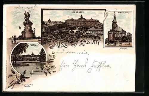 Lithographie Rastatt, Schloss, Stadtkirche, Bernhardusbrunnen