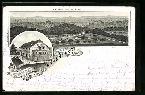 Lithographie Langenhardt, Gasthaus, Panorama aus der Vogelschau