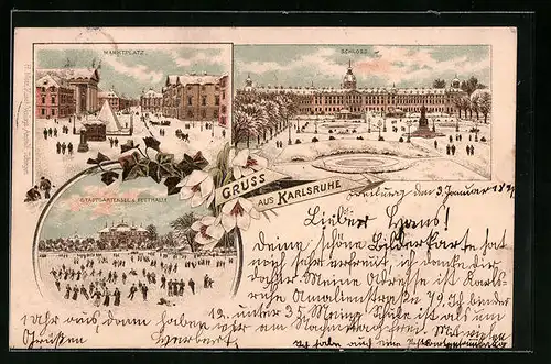 Winter-Lithographie Karlsruhe, Marktplatz, Schloss, Stadtgartensee mit Festhalle