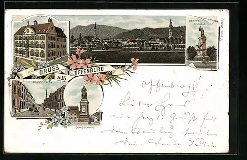Lithographie Offenburg, Rathaus, Kriegerdenkmal, Bahnhofstrasse