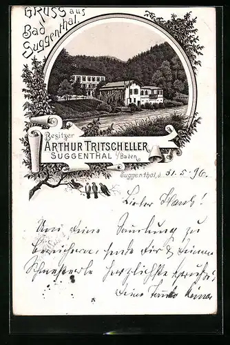 Lithographie Waldkirch, Gasthaus Bad Suggental von Arthur Tritscheller