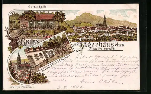 Lithographie Freiburg i /B., Restaurant Jägerhäus`chen, Gartenhalle, Kirche