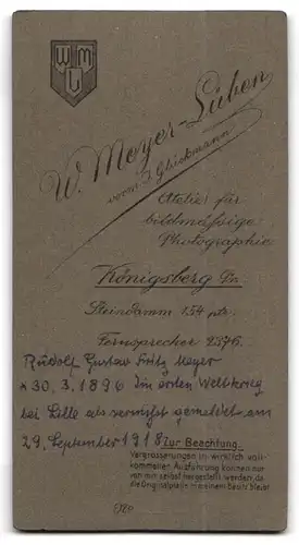 Fotografie W. Meyer-Lüben, Königsberg, Steindamm 154, Soldat in Uniform, Rudolf Gustav Fritz Meyer