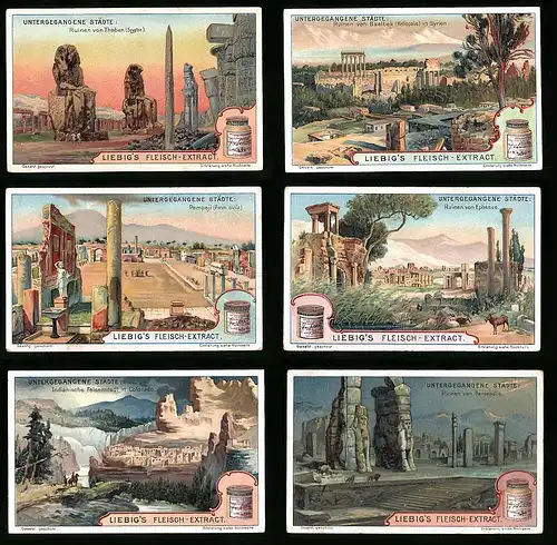 6 Sammelbilder Liebig, Serie Nr. 695: Untergegangene Städte, Pompeji, Ephesus, Colorado, Theben