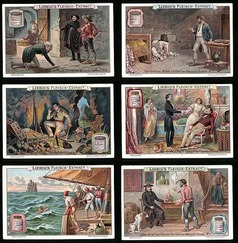 6 Sammelbilder Liebig, Serie Nr. 697: Der Graf von Monte Christo, Alexander Dumas, Goldschatz, Seenotrettung