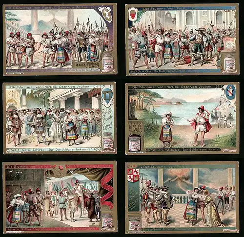 6 Sammelbilder Liebig, Serie Nr. 743: Die Stumme von Portici, Oper, Auber, Vulkan