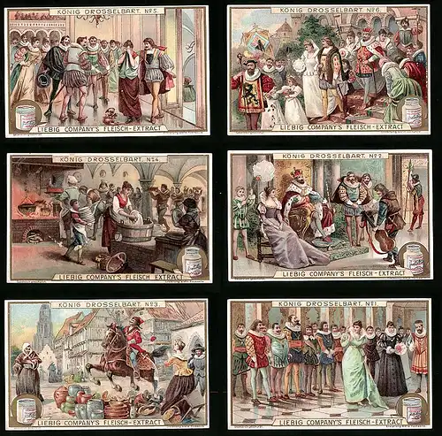 6 Sammelbilder Liebig, Serie Nr. 709: König Drosselbart, Mittelalter, Küche, Hochzeit