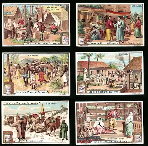 6 Sammelbilder Liebig, Serie Nr. 696: Der Handel, Türkischer Schuhladen, Kamel, lager am Congo