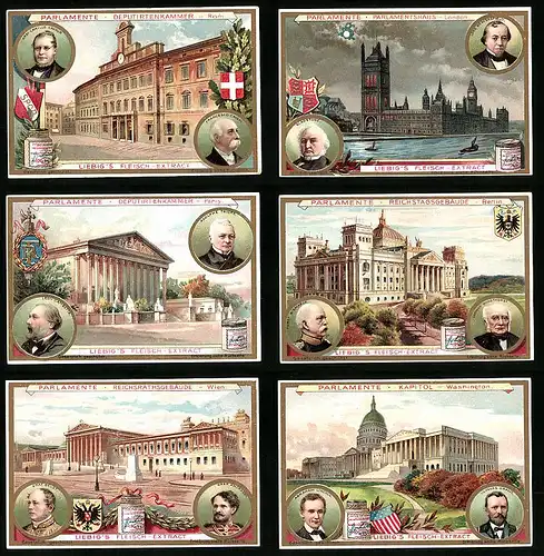 6 Sammelbilder Liebig, Serie Nr. 790: Parlamente, Washington, Abraham Lincoln, London, Rom