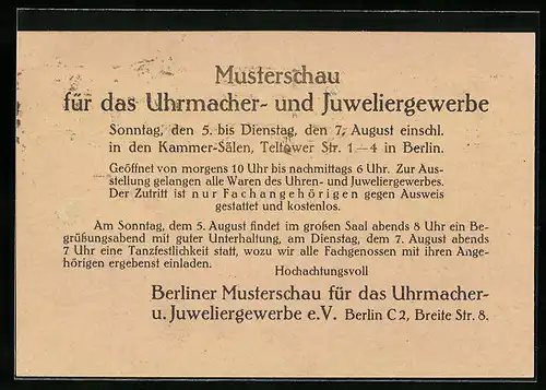 AK Berlin, Musterschau für das Uhrmacher- und Juweliergewerbe 1923