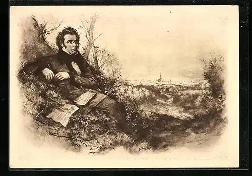 Künstler-AK des Komponisten Franz Schubert wie er im Freien sitzt