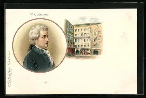 Künstler-AK des Komponisten Wolfgang Amadeus Mozart mit Geburtshaus