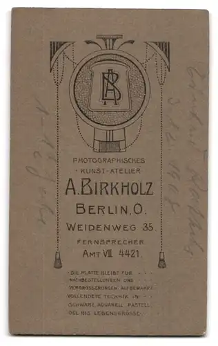 Fotografie A. Birkholz, Berlin-O., Weidenweg 35, Kleiner Junge in hübscher Kleidung mit Spielzeugpferd