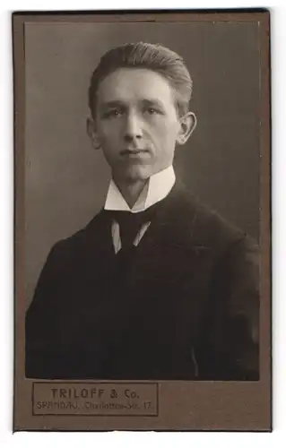 Fotografie Triloff & Co., Spandau, Charlotten-Strasse 17, Junger Mann mit Stehkragen und Krawatte