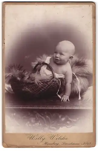 Fotografie Willy Wilcke, Hamburg, Steindamm 62, Lächelndes Baby in Körbchen auf Fell