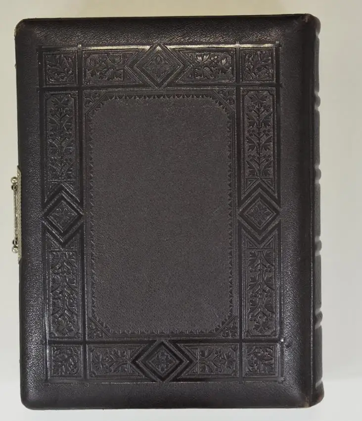 Fotoalbum im Ledereinband, Metallschliesse, Lithographische Innenseiten, 17 Goldschnittseiten für Kabinett und CDV-Fotos 3